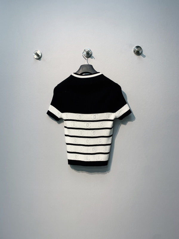 Chanel 26 Striped Knit Short-Sleeve T-Shirt Black White in Tencel 254162
