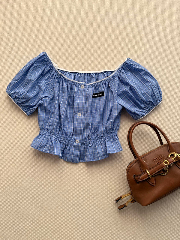 Miu Miu 26 Blue and White Checkered Off-shoulder Top in Cotton 251670
