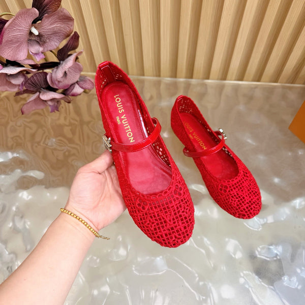 LV Romy Flat Ballerina Red in Crochet 703068