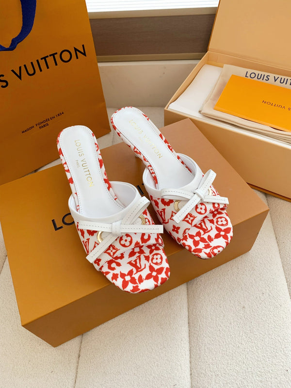 LV 26SS Single Kitten Heel Sandals 55 Red in Cowhide 703054