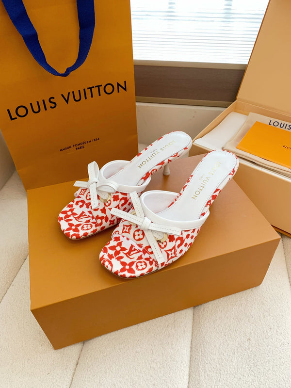 LV 26SS Single Kitten Heel Sandals 55 Red in Cowhide 703054
