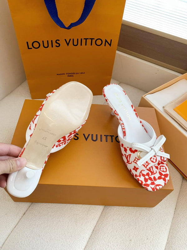 LV 26SS Single Kitten Heel Sandals 55 Red in Cowhide 703054
