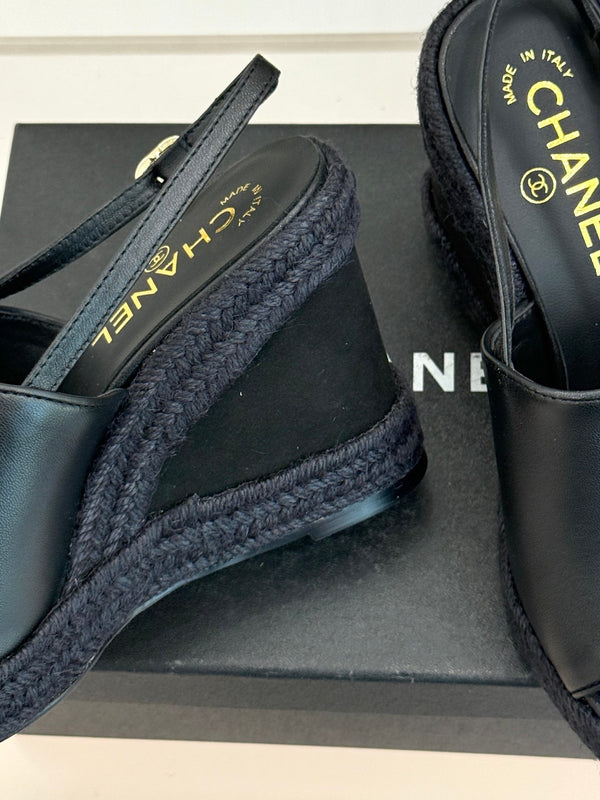 Chanel 26P Double C Rope Wedge Peep Toe Sandals Black in 706353