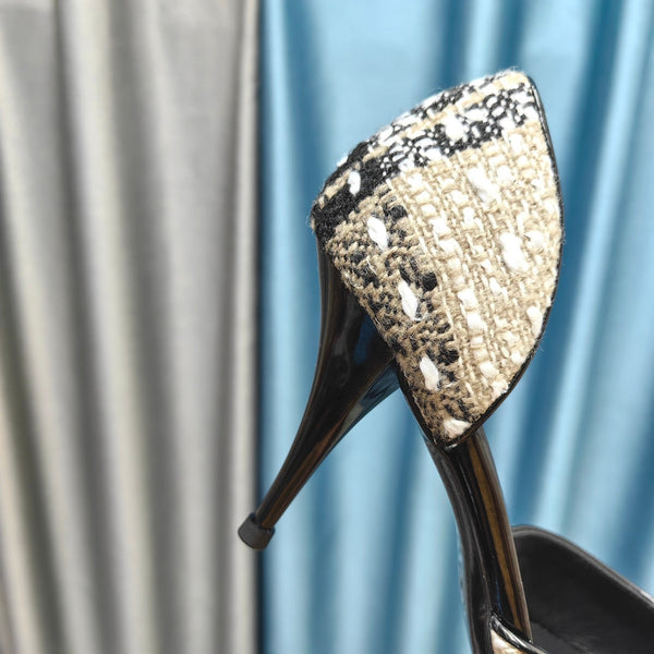 Chanel Pointed Toe Vintage High Heels 70mm Beige Black in Coarse wool fabric 712465
