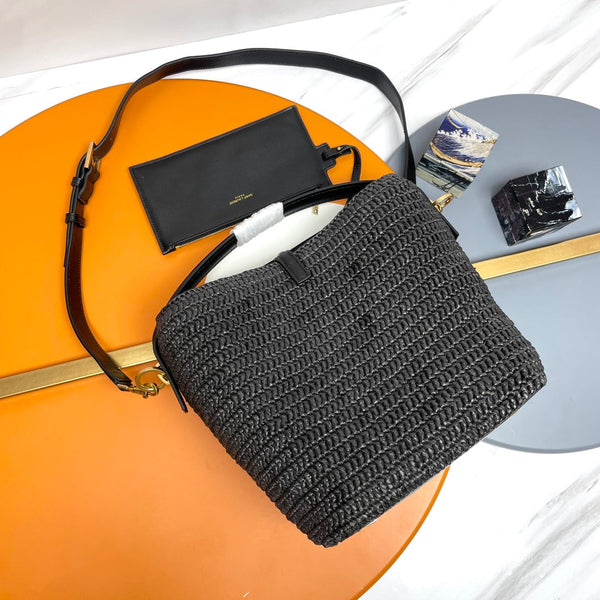 Le 37 Woven Bucket Bag 25cm Black in Raffia 285704
