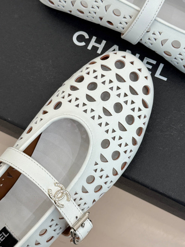 Chanel 26 Classic Double C Perforated Mary Jane Flats White in Cowhide 717777