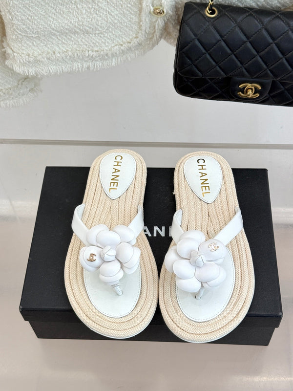 Chanel 26C Camellia Rope-Soled Flip-Flops White in Sheepskin 717717