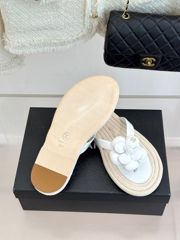 Chanel 26C Camellia Rope-Soled Flip-Flops White in Sheepskin 717717
