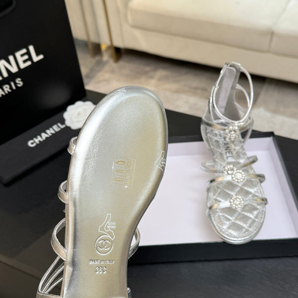 Chanel Camellia Pearl Chunky Heel Sandals Silver In Cowhide Leather 717697