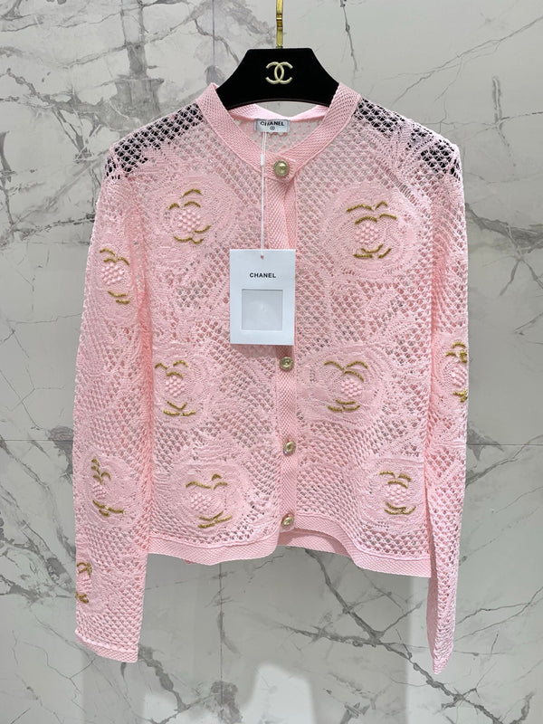 Chanel Embroidered Hollow-Out Cardigan Pink in Cotton 298308