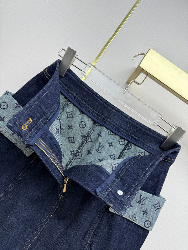LV 26SS Denim Skirt Monogram Print Patchwork Decoration Dark Blue In Cotton 367728