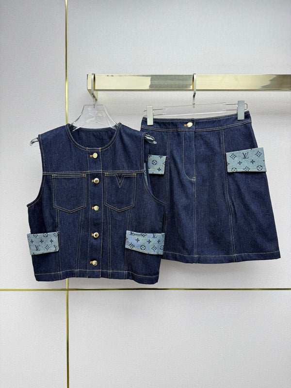 LV 26SS Denim Skirt Monogram Print Patchwork Decoration Dark Blue In Cotton 367728