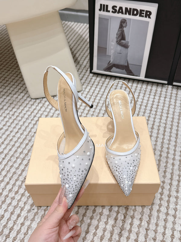 Mach & Mach 26 Pointed Toe High Heels 85 Crystal White in Sheepskin 722818