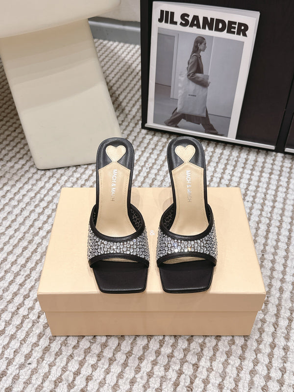 Mach & Mach Embellished Mules 95 Black in Leather Diamonds 722809