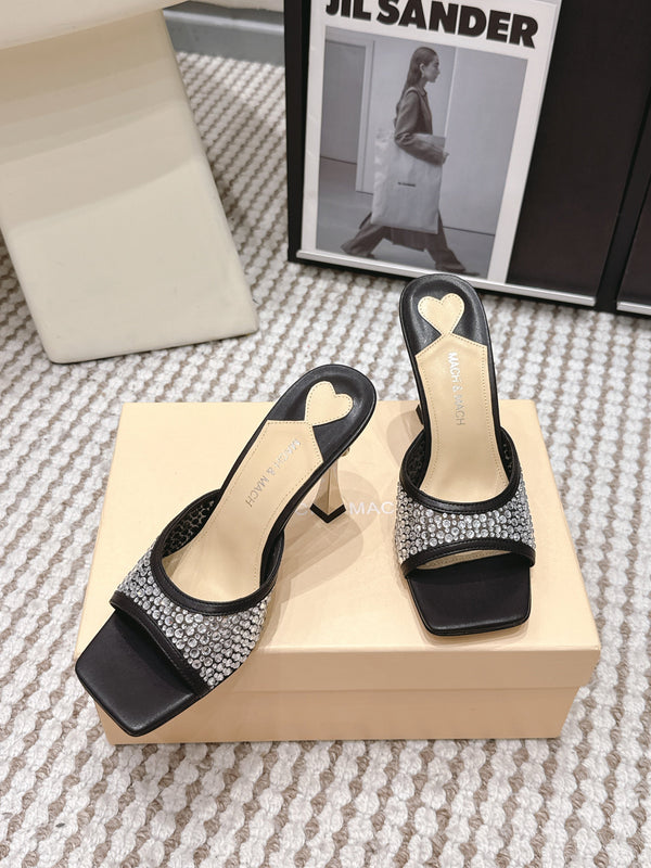 Mach & Mach Embellished Mules 95 Black in Leather Diamonds 722809