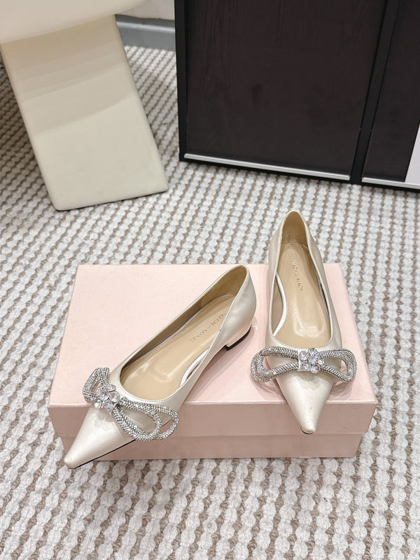 Mach & Mach 26SS Rhinestone Bow Flats Milk White in Silk 722449