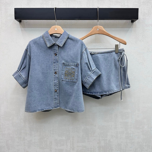 Loewe 26 Embroidered Short-Sleeve Shirt Blue in YB Twill Cotton Denim 375338