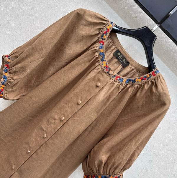 LP Colorful Embroidered Lantern Sleeve Shirt Brown in Linen 375374