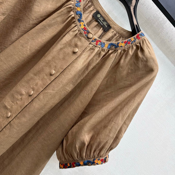 LP Colorful Embroidered Lantern Sleeve Shirt Brown in Linen 375374