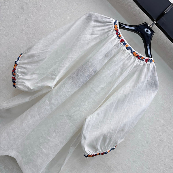 LP Colorful Embroidered Lantern Sleeve Shirt White in Linen 375372