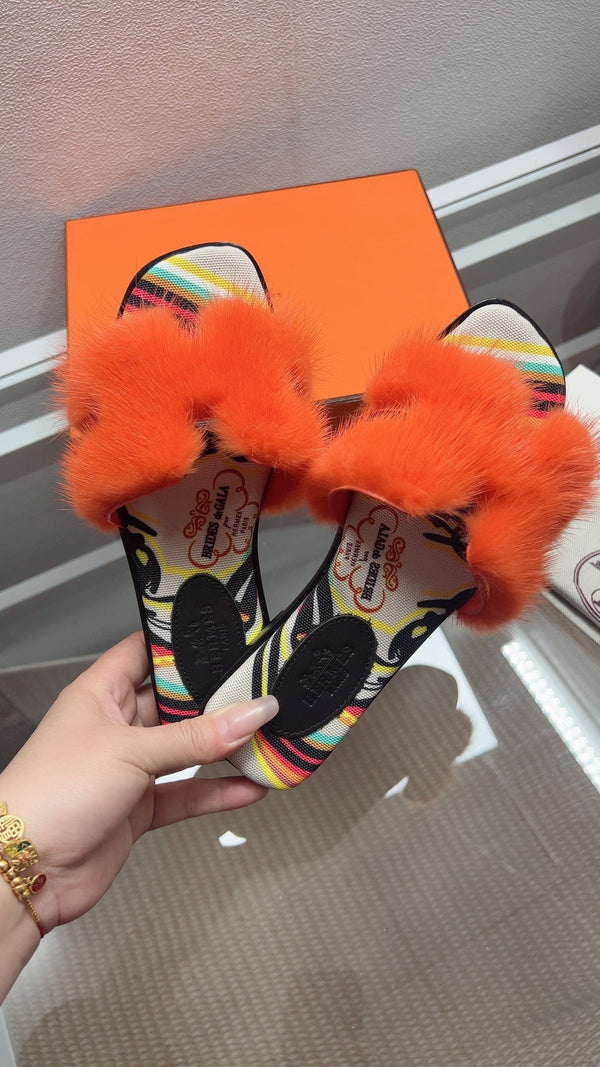 Hermes H-Style Flat Open-Toe Sandals Orange in Mink Fur 739515