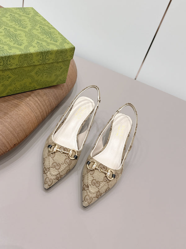 Gucci 26 Slingback 45mm Embossed Single Beige Brown in Jacquard Fabric 739364