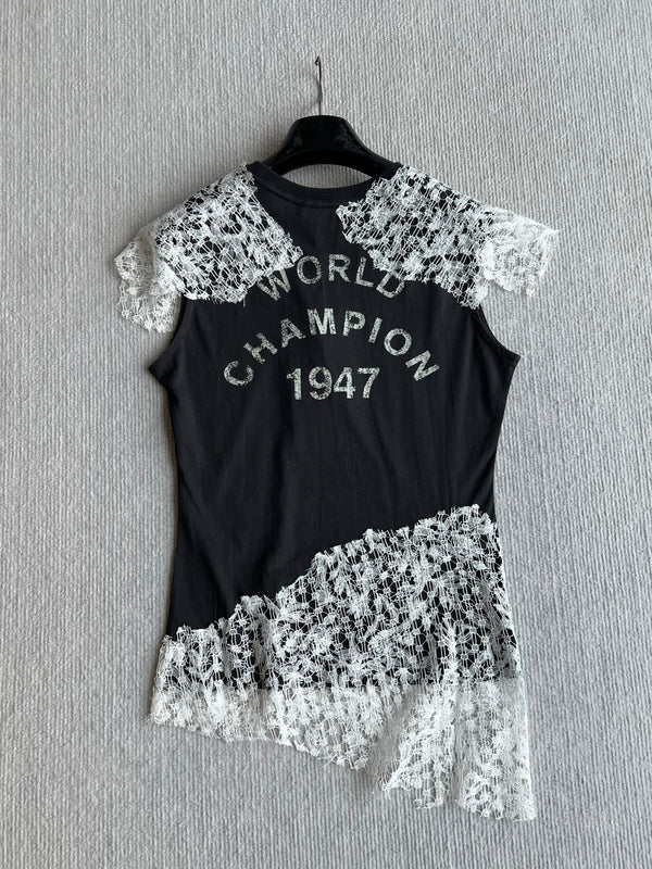 Dior 26ss J'Adore Lace-Trimmed T-Shirt Black White in Cotton 376511