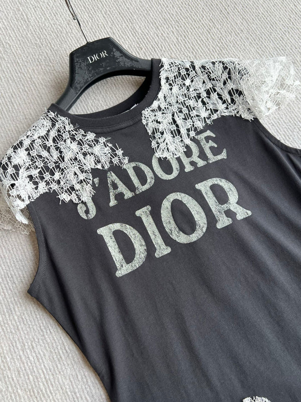 Dior 26ss J'Adore Lace-Trimmed T-Shirt Black White in Cotton 376511