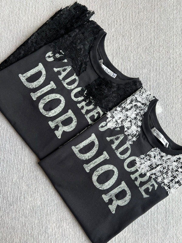 Dior 26ss J'Adore Lace-Trimmed T-Shirt Black in Cotton 376510