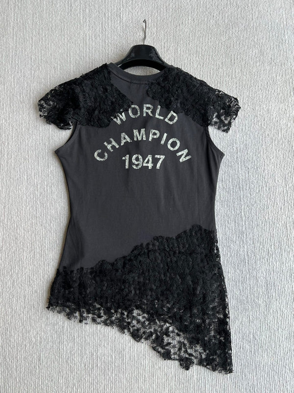Dior 26ss J'Adore Lace-Trimmed T-Shirt Black in Cotton 376510