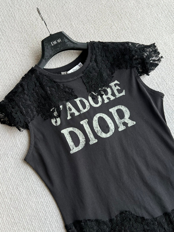 Dior 26ss J'Adore Lace-Trimmed T-Shirt Black in Cotton 376510