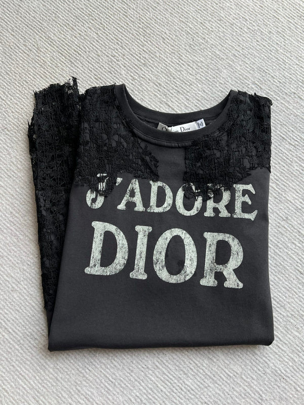 Dior 26ss J'Adore Lace-Trimmed T-Shirt Black in Cotton 376510