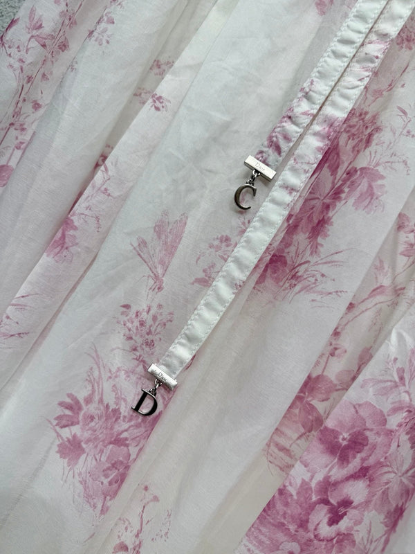 Dior Pink Floral Print Elastic Waist Midi Skirt in Cotton 376601