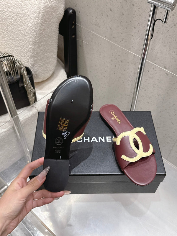 Chanel Double C Flat Slip-on Sandals Burgundy in Lambskin 740707