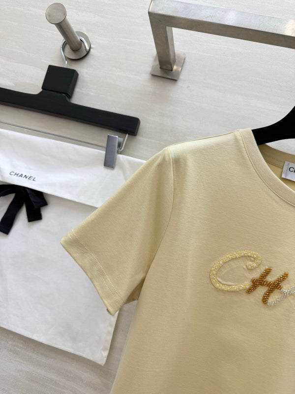 Chanel Sequin Letter T-Shirt Beige in Cotton 377550
