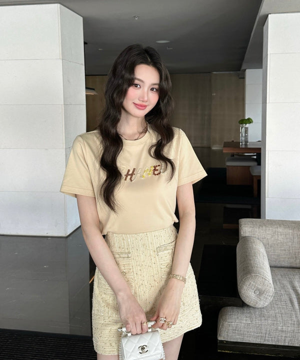 Chanel Sequin Letter T-Shirt Beige in Cotton 377550