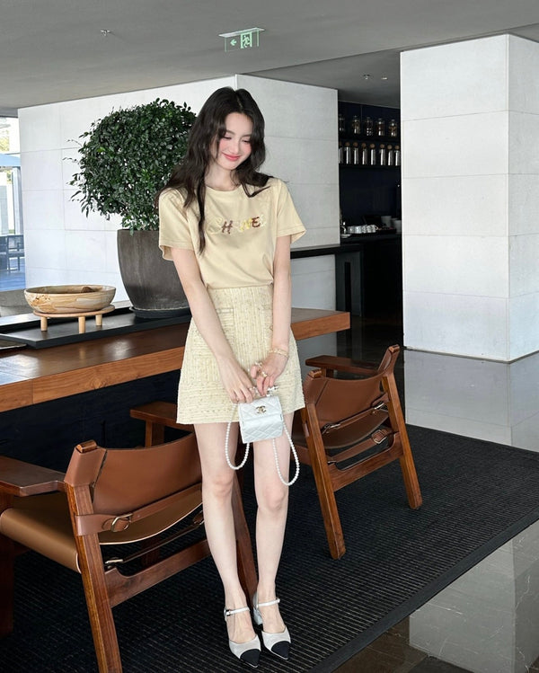 Chanel Sequin Letter T-Shirt Beige in Cotton 377550
