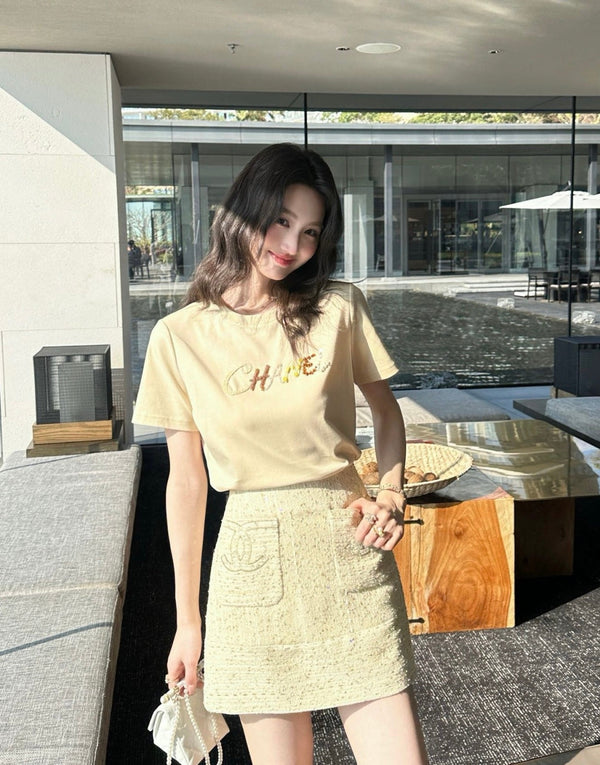 Chanel Sequin Letter T-Shirt Beige in Cotton 377550