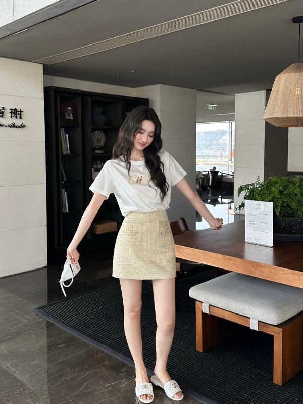 Chanel Sequin Letter T-Shirt White in Cotton 377548