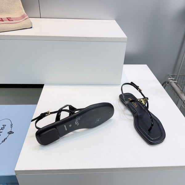 Prada Triangle Logo Sandal Black in Calfskin Patent Leather 741971