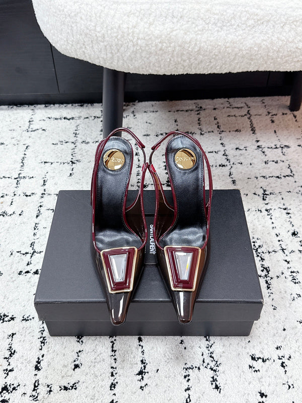 YSL Slingback High-Heeled 10.5 Burgundy in PVC Film 743652