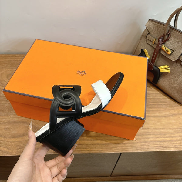 Hermès Sandal 60 Black White in Calfskin 743966