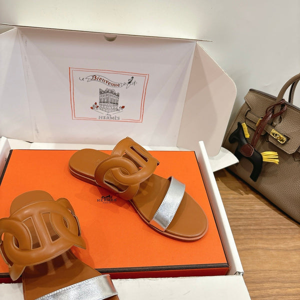 Hermès Sandal Brown Silver in Calfskin 743976
