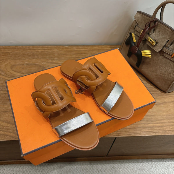 Hermès Sandal Brown Silver in Calfskin 743976