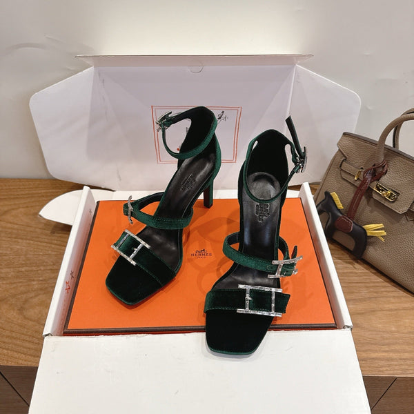 Hermès Liv Sandal 10.5 Dark Green in Velvet 744074