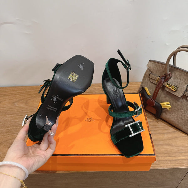 Hermès Liv Sandal 10.5 Dark Green in Velvet 744074