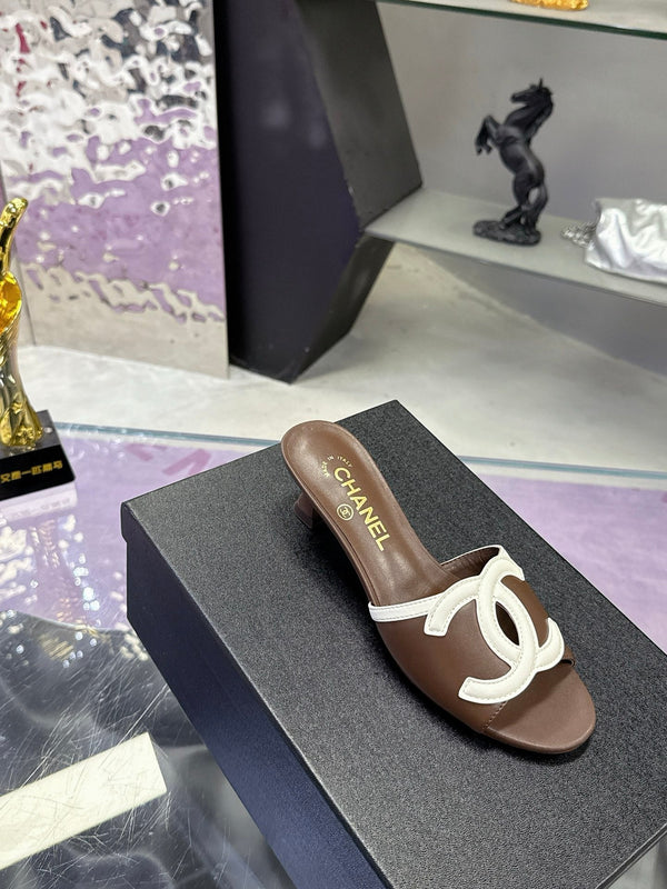 CC Double C Logo Kitten Heel 25mm Sandals Brown in Leather 757851