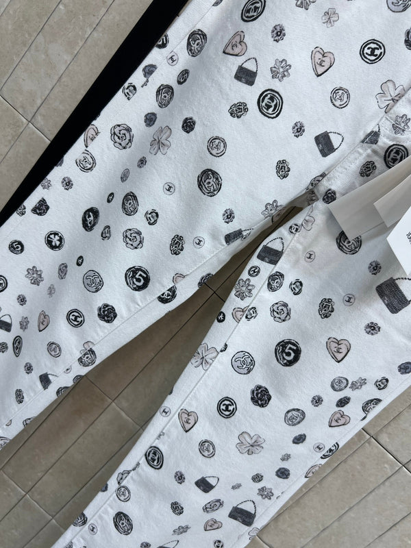 CC 26 Printed Flared Trousers White in Cotton 380161