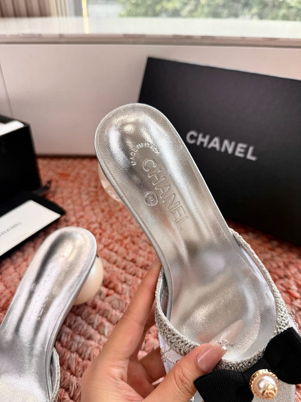CC 26SS Pearl Heel 70mm Bow Sandals Silver in Netting fabric 760566