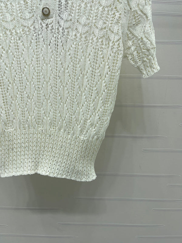 CC 26 Openwork Knit Short-Sleeve Top White in Wool Knitwear 380814